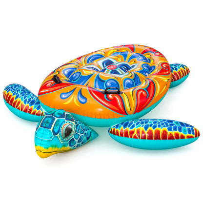 Bestway Mediterranean Turtle Swimming Toy, 186 x 168 x 42 cm, 85 kg Load Capacity, Robust Handles, Safety Valves, PVC, Majolica Design, Ages 3 and Above, Includes Repair Patch