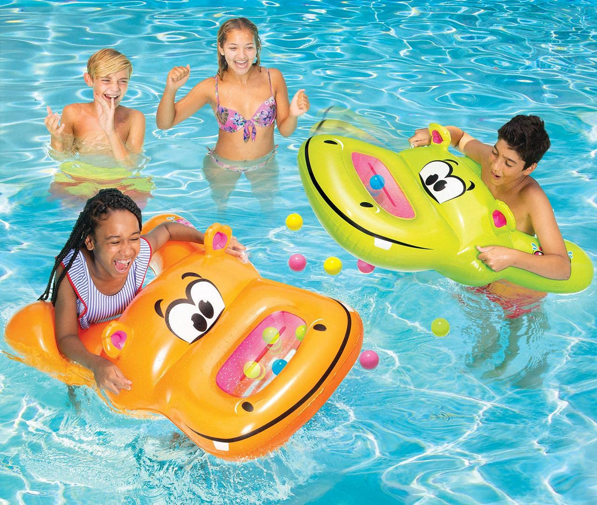 BANZAI Munch a Bunch Hippos, Summer Fun Floatie, Pool Party Toy Game for Social Kids & Teens